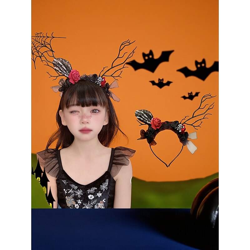 Women's Halloween Deer Antler Headband - Gothic Black Lace Hair Accessory with Pumpkin and Cat Ears for Costume Party and Cosplay2