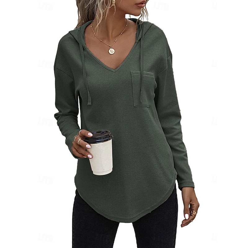 Women's Blouse Solid Color Stylish Casual Long Sleeve V Neck Regular Tops Daily Pocket Army Green Red Blue Green Spring Fall Winter4