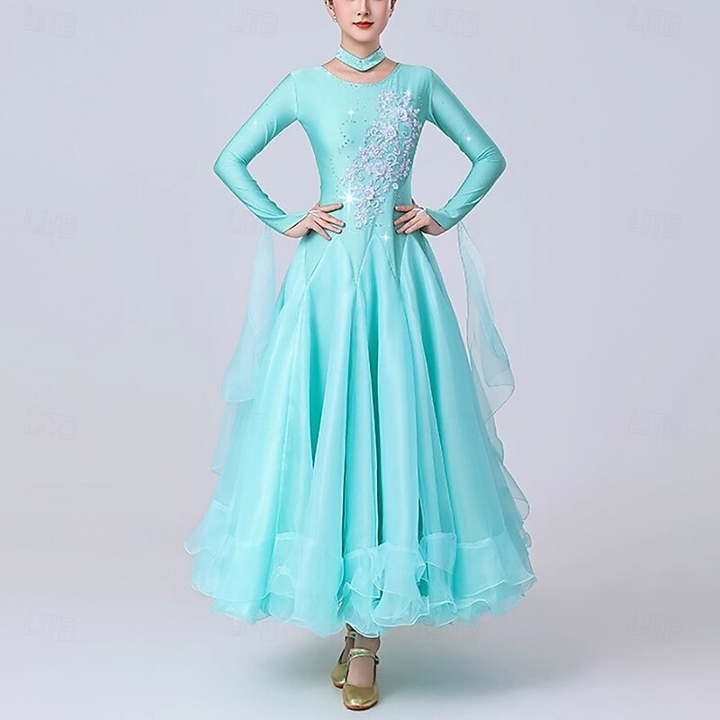 Ballroom Dance Dress Rhinestone Splicing Women's Performance Training Long Sleeve Spandex Organza3