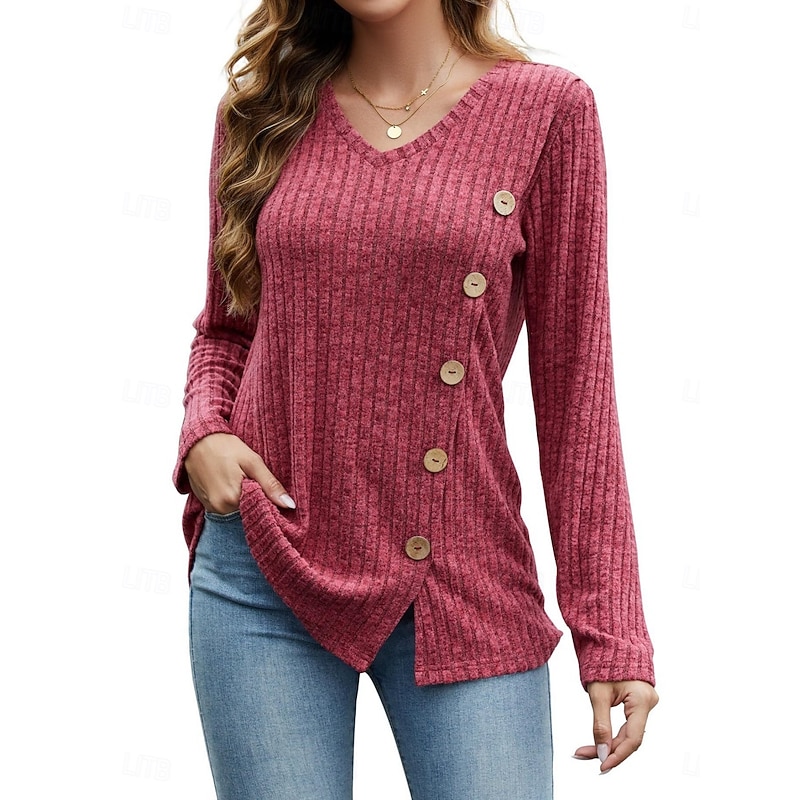 Women's Blouse Solid Color Stylish Casual Long Sleeve V Neck Regular Tops Daily Buttons Red Blue Green Apricot Spring Fall Winter