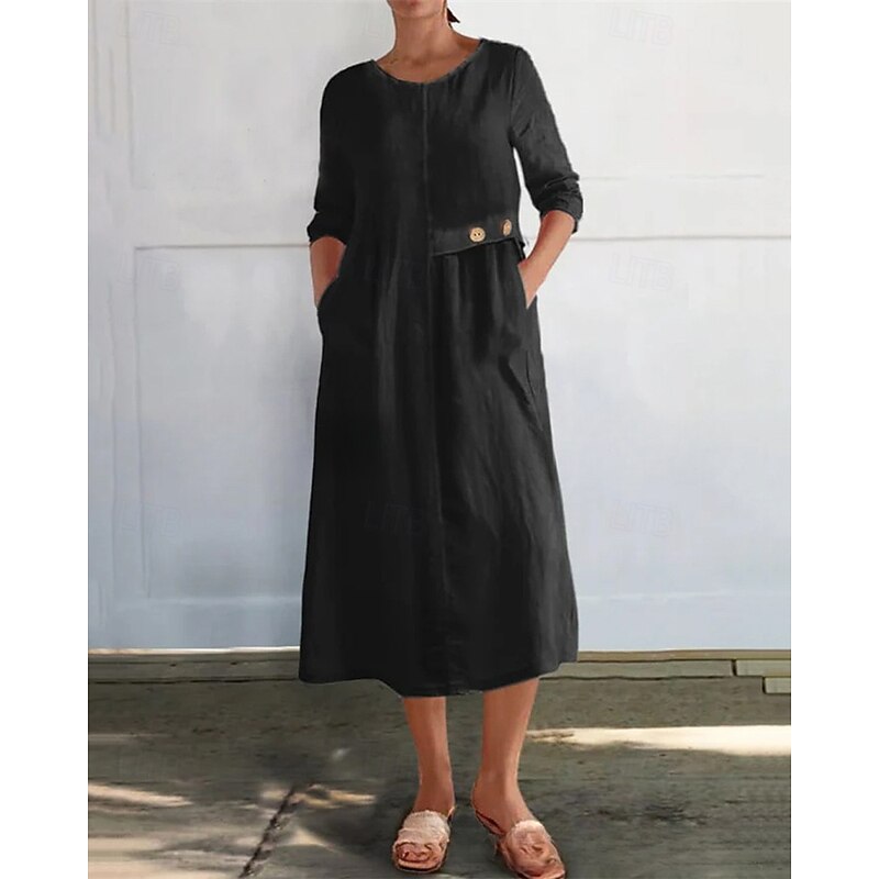Women's Long Dress Maxi Dress Casual Dress Cotton Linen Dress Fashion Modern Daily Date Weekend Regular Fit Plain Long Sleeve Crew Neck Black White Red Khaki Spring Fall2