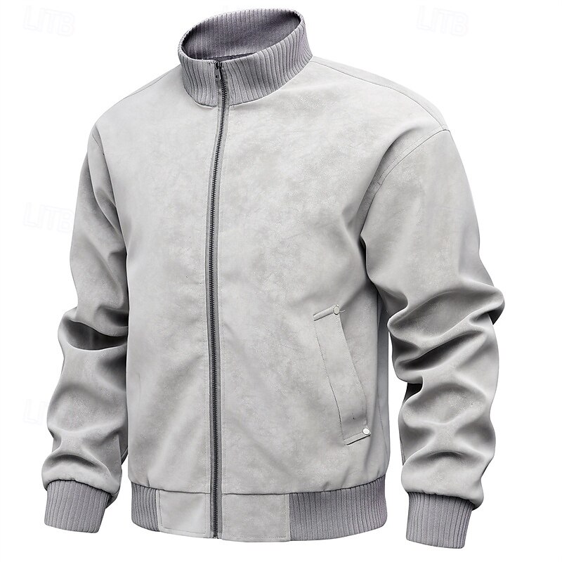 Men's Faux Leather Jacket Biker Jacket Motorcycle Jacket Vacation Daily Windproof Warm Pocket Spring Fall Plain Fashion Classic Stand Collar Regular Black Gray Jacket