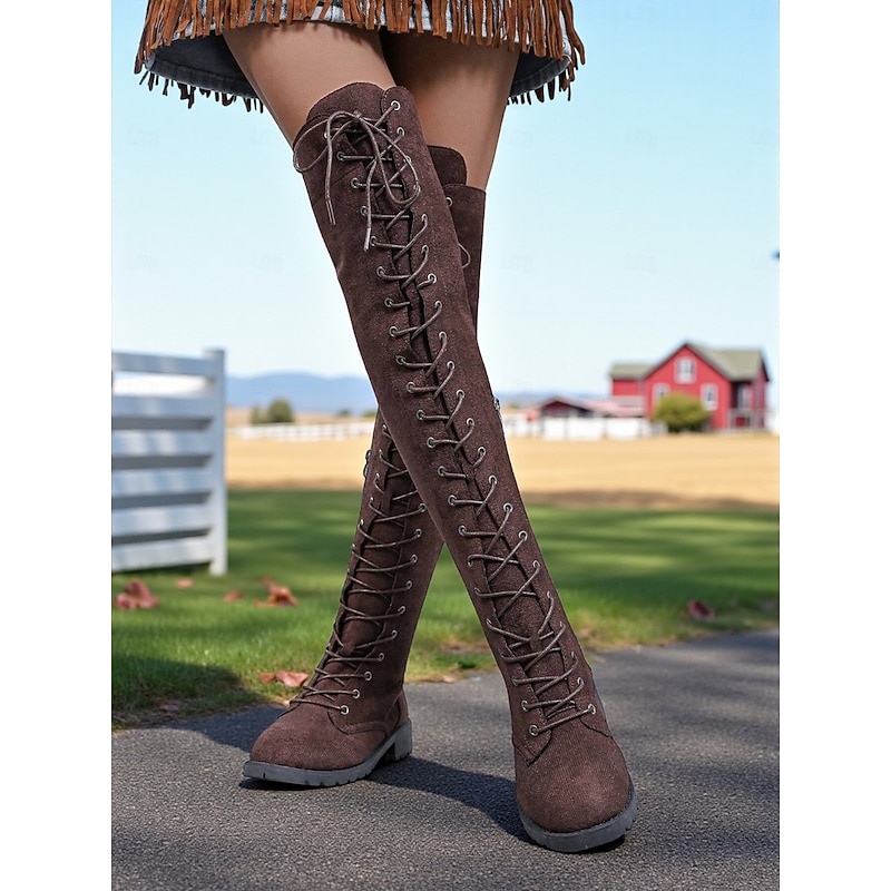 Women's Black Over-the-Knee Lace-Up Boots with Side Zipper and Lug Sole – Trendy Gothic and Winter Casual Footwear for Parties and Streetwear4