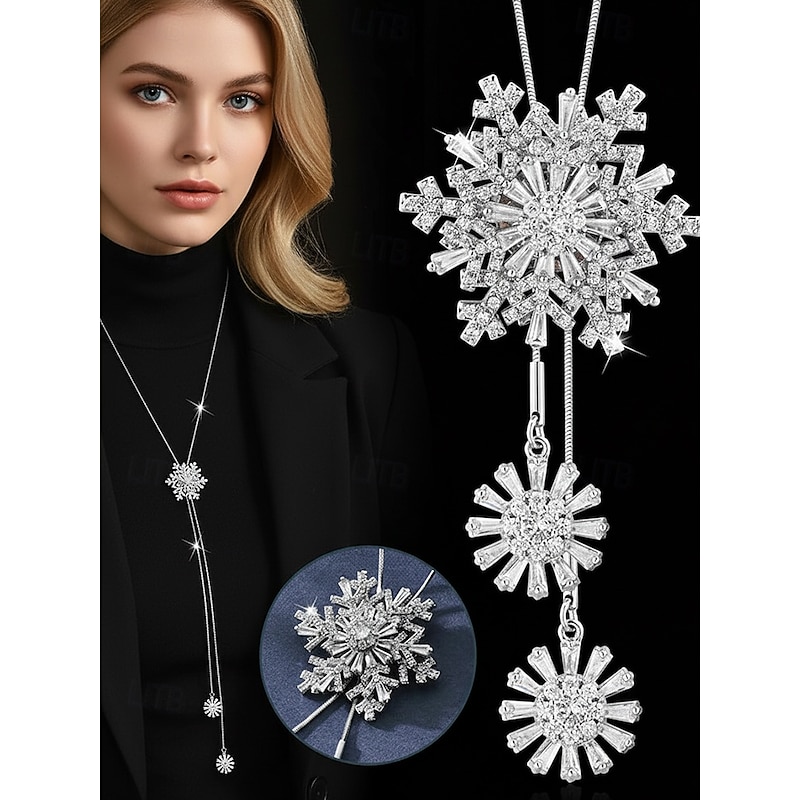 Women's Snowflake Pendant Necklace – Elegant Long Chain Jewelry with Crystal Accents for Ladies, Winter Fashion & Christmas Gift