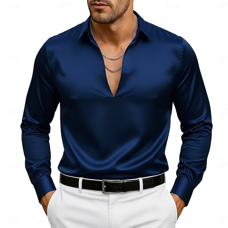 Men's Shirt Satin Shirt Dress Shirt Casual Shirt Button Up Shirt Prom Shirt Plain Formal Wedding Light Blue Black White Navy Blue Long Sleeve V Neck All Seasons Clothing Apparel3