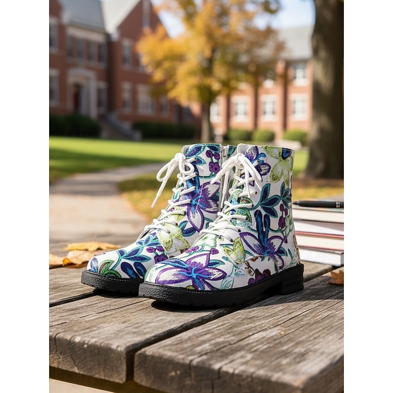 Women's White/Purple Floral Print Lace-Up Combat Boots – Casual Colorful Flower Pattern Ankle Boots for Daily Wear, Travel and Streetwear