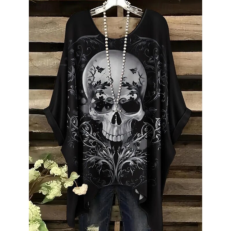 Halloween Women's Blouse Graphic Skull Vintage Daily Casual Half Sleeve Batwing Sleeve Crew Neck Long Tops Daily Holiday Black White Pink Red Purple Spring Fall3