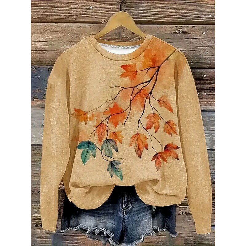 Women's Tunic Floral Graphic Casual Long Sleeve Crew Neck Round Neck Regular Tops Sports Vacation Wear Orange Fall Winter