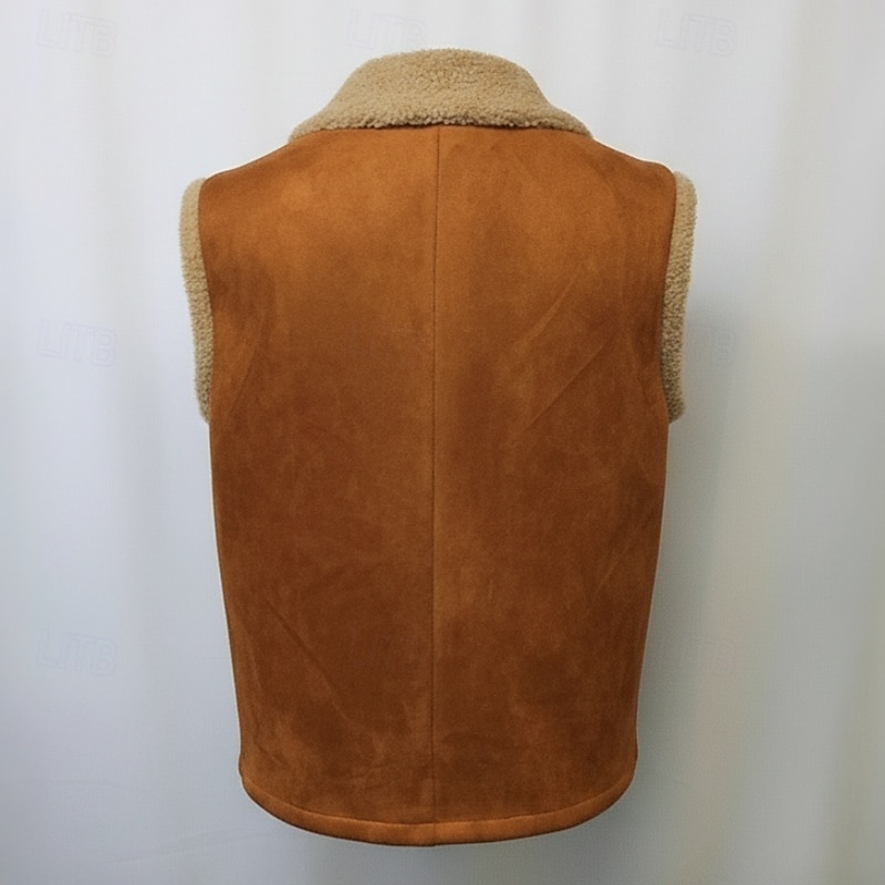 Men's Faux Suede Vest Fleece Vest Outdoor Casual Daily Fashion Retro Fall Winter Pocket Polyester Thermal Warm Comfortable Color Block Zipper Lapel Regular Fit Brown Vest4