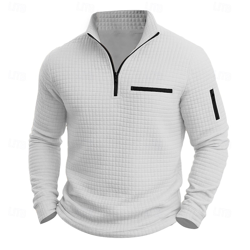 Men's Waffle Polo Shirts Casual Turndown Long Sleeve Fashion Comfortable Solid Color Zip Up Pocket Fall Spring &  Fall Regular Fit Black White Navy Blue Orange Waffle Polo Shirts2