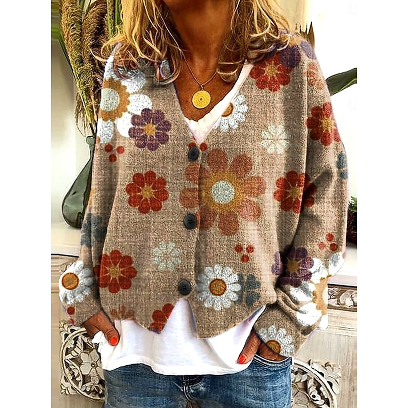 Women's Sweater Cardigan Elegant Vintage Fashion Floral Striped V Neck Pocket Floral Knitted Long Sleeve Regular Tops Knit Outdoor Daily Weekend Red Purple Fall Winter