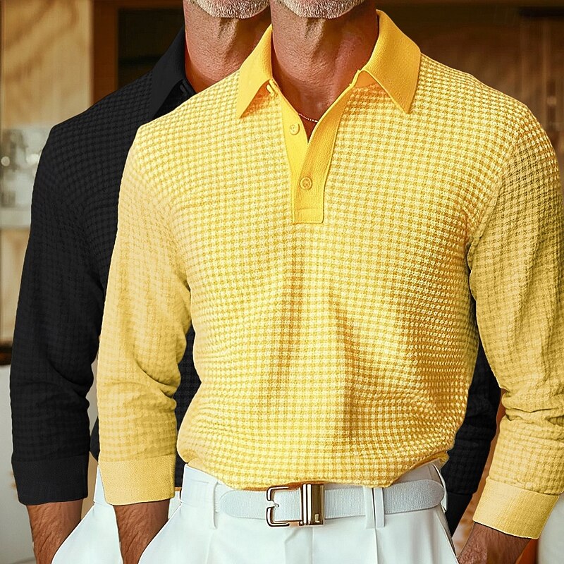 Men's Waffle Polo Shirts Golf Shirt Long Sleeve Collar Lapel Spring Fall All Seasons Plain Textured Basic Modern Casual 2 Piece Buttons Street Casual Sports A B C Top Tee for Men2