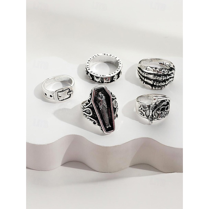 Women's Halloween Gothic Alloy Ring Set, Vintage Punk Style Skull Coffin Skeleton Adjustable Rings Jewelry for Costume Parties and Cosplay3