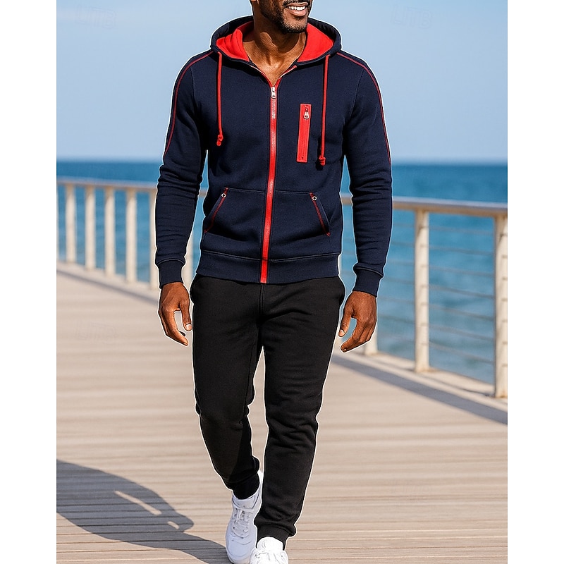 Men's 2 Piece Tracksuit Lounge Hoodie Sweatsuit Sets Drawstring Solid Colored Clothing Suit Fall Black Red Outdoor Travel Sports Moisture Wicking Long Sleeve Sport Activewear Micro-elastic Regular Fit3