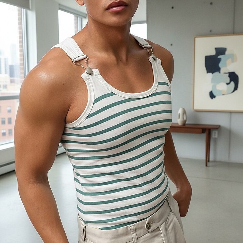 Men's Tank Top Undershirt Sleeveless Shirt Muscle Shirt Sleeveless Crewneck Summer Stripes Fashion Designer Muscle Buttons Outdoor Going out Gym Green Top Tee for Men3