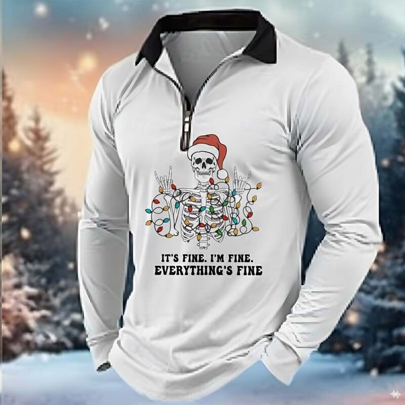 Christmas Men's Text / Number Lanterns Polo Long Sleeve Turndown Modern Leisure Athleisure Casual Daily Festival Zipper 3D Print Spring Fall Winter White Red Blue