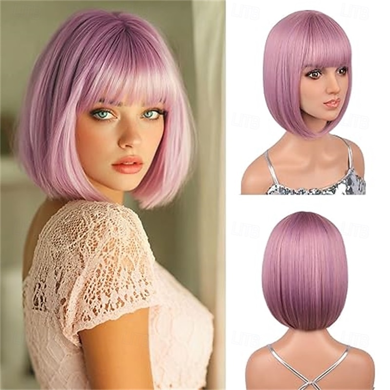 12 Inch Short Bob Pink Mixed Purple Wig with Bangs Colorful Wig for Halloween Daily Cosplay & Party Use Heat Resistant Straight Synthetic Cosplay Party Wigs for Women Purple Pink