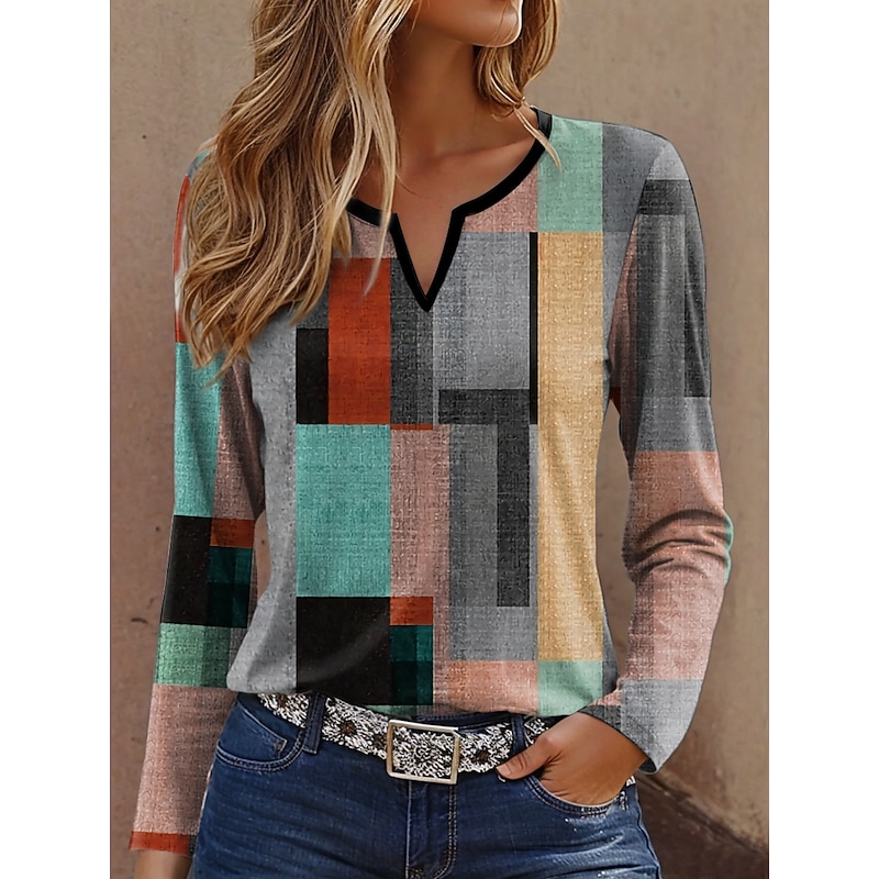Women's T Shirt Graphic Geometric Vintage Stylish Casual Long Sleeve Notched Neck Regular Tops Daily Weekend Print Yellow Blue Purple Green Spring Fall Winter3