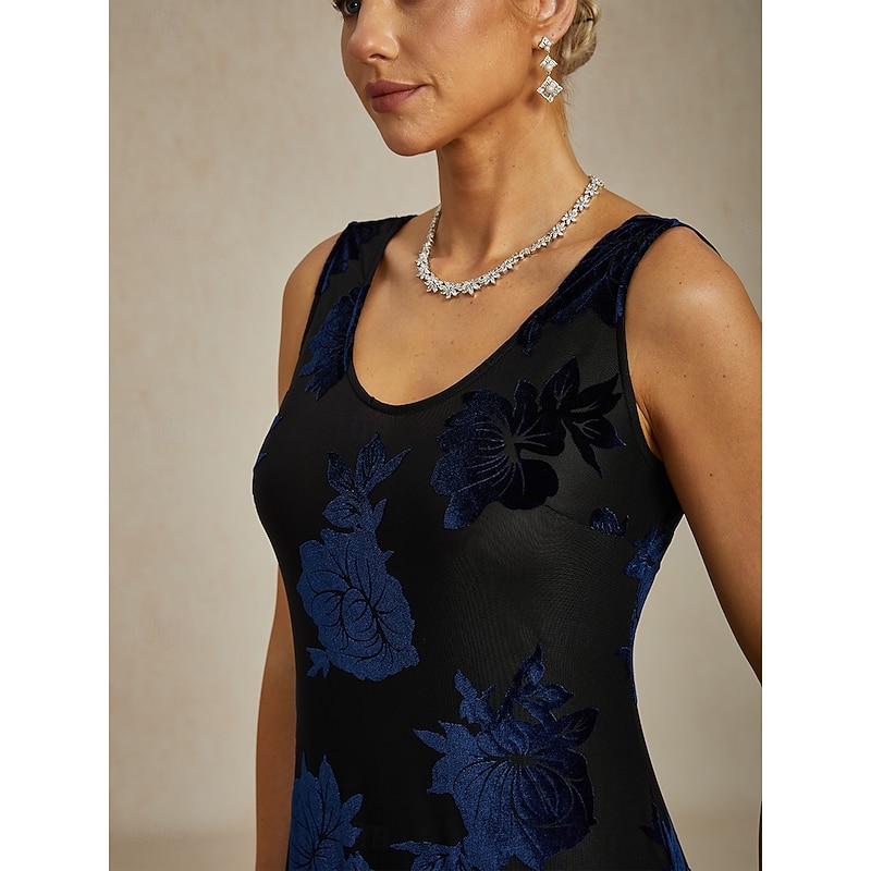 Women's Maxi Dress Sheath Dress Trumpet Mermaid Dress A Line Dress Bodycon Dress Elegant Formal Cocktail Party Wedding Guest Evening Party Regular Fit Floral Sleeveless Crew Neck Navy Blue Fall Winter3