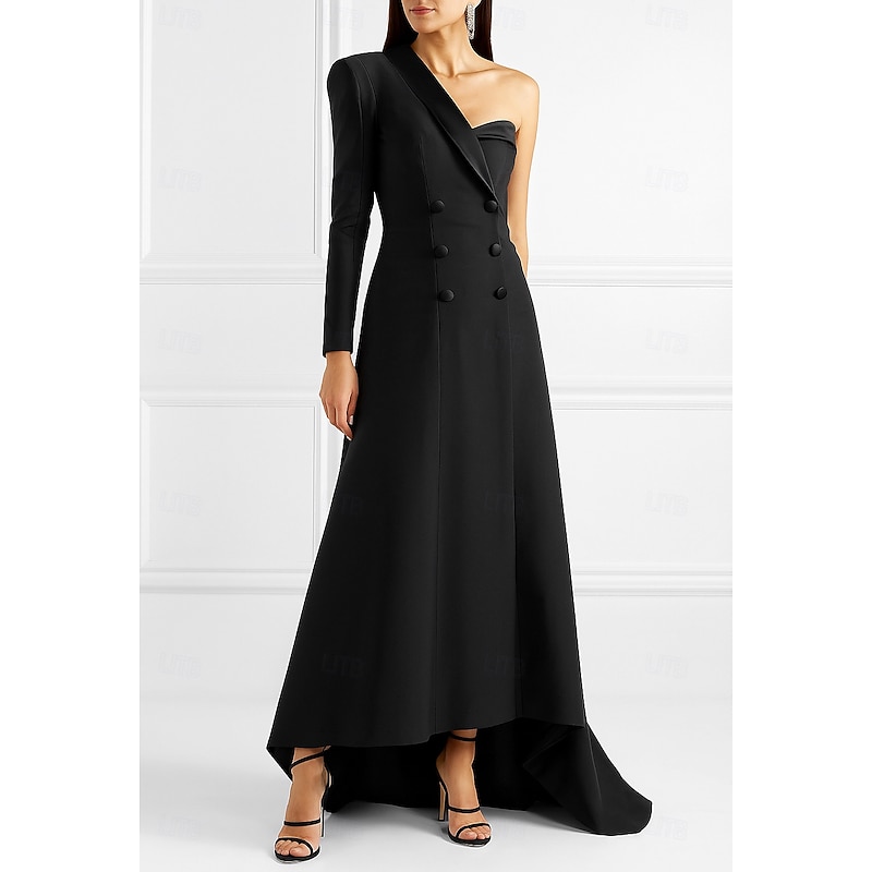Black Blazer Tuxedo Dress A-Line Formal Wedding Wedding Guest Satin 4-Way Stretch Fabric Elegant Vintage Long Sleeve Floor Length Asymmetrical Notched Lapels Zipper