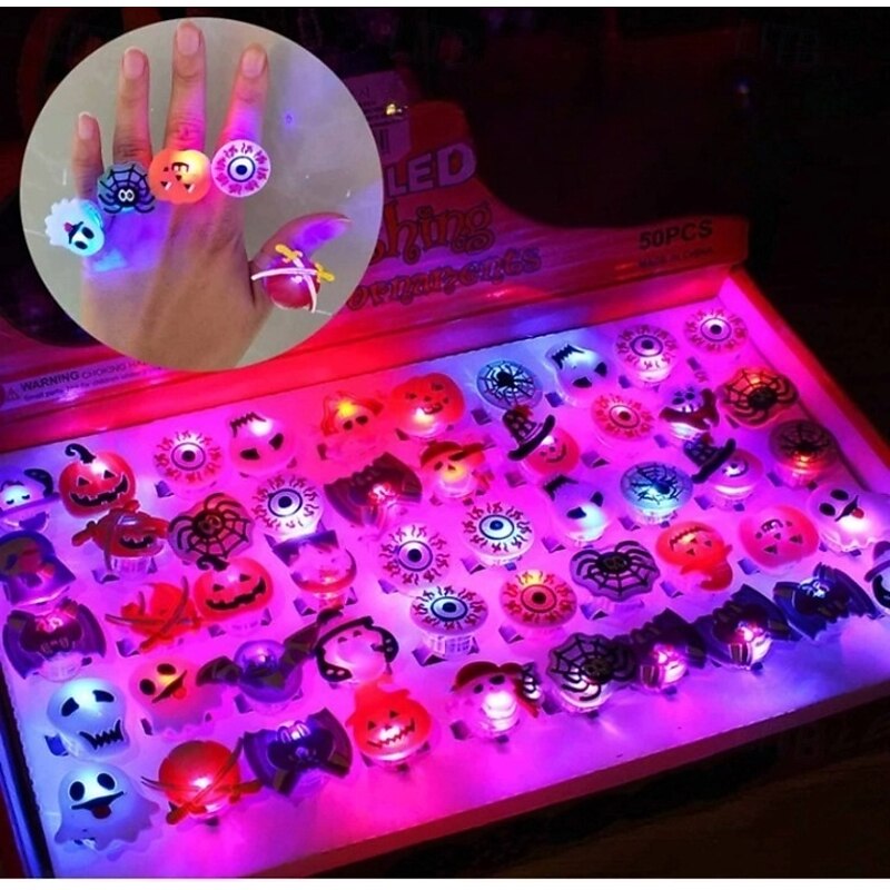 Halloween Light Up Rings 50Pcs Halloween Party Favors for kid Light Up Treat Glowing LED Ring for Kids Adults