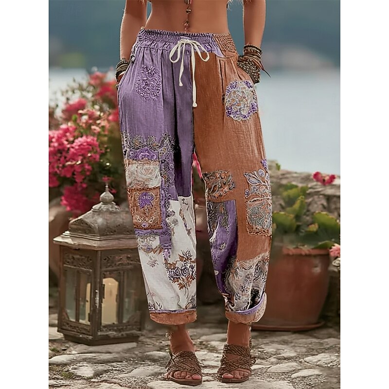 Women's Wide Leg Pants Trousers Vacation Vintage Ethnic Style Full Length Mid Waist Floral Drawstring Pocket Elastic Waist Comfy Breathability Micro-elastic Vacation Street Dailywear Yellow Pink Blue3