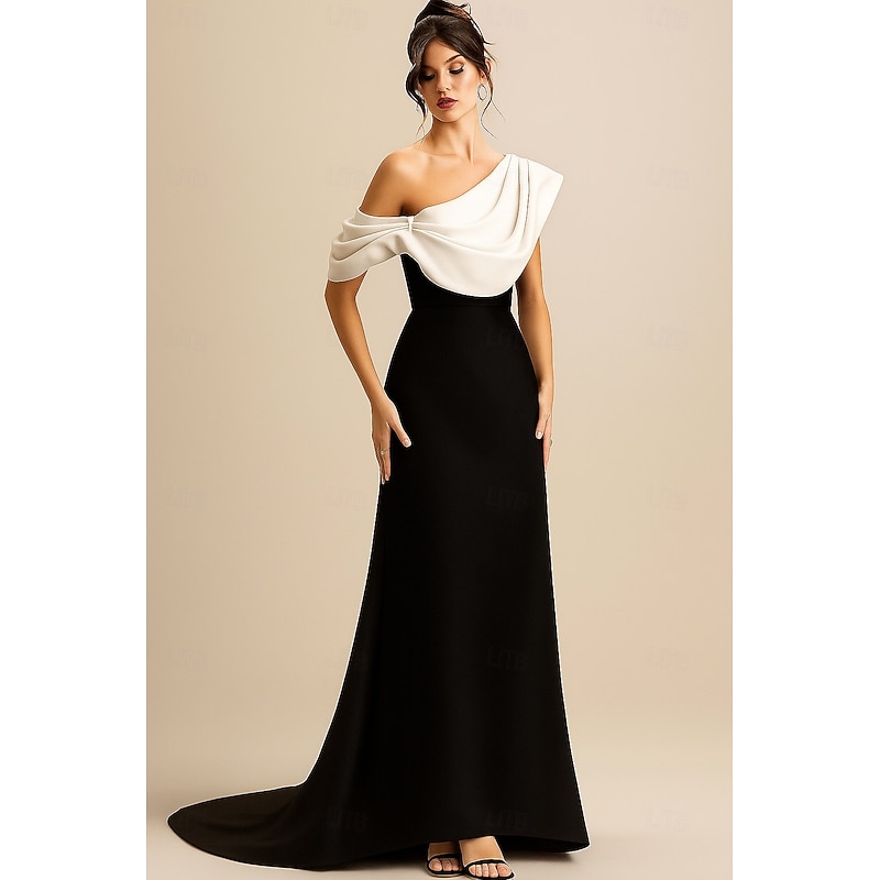 Black White A-Line Evening Gown Elegant Formal Dress Formal Wedding Floor Length Sleeveless One Shoulder Pink Dress Satin with Pleats 2025