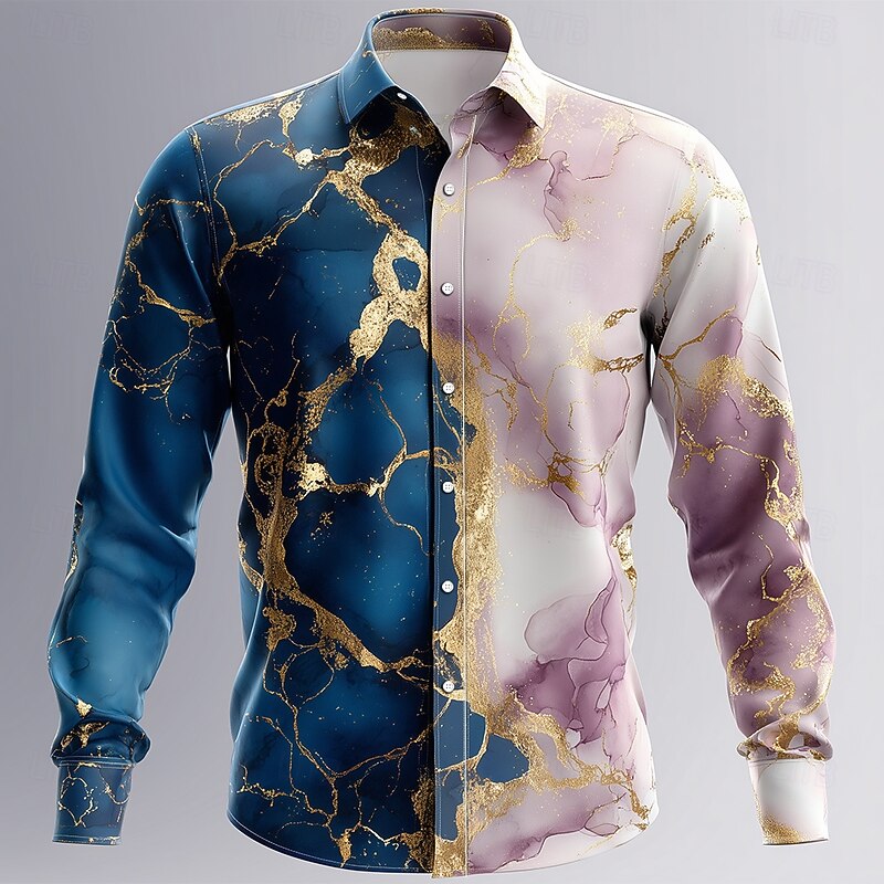 Men's Marble Abstract Liquid Art Shirt Button Up Shirt Long Sleeve Fashion Casual Outdoor Dailywear Spring Fall Turndown 3D Print Linen Like Shirt Blue+Khaki Blue Light Blue
