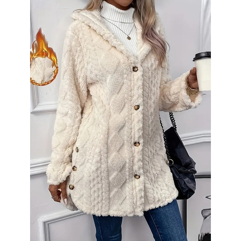 Women's Sherpa Jacket Casual Jacket Comfortable Breathable Pocket Buttons Casual Plain Vacation Street Casual Daily Wear Open Front Regular Hooded Regular Fit Long Sleeve Outerwear Black White Apricot3