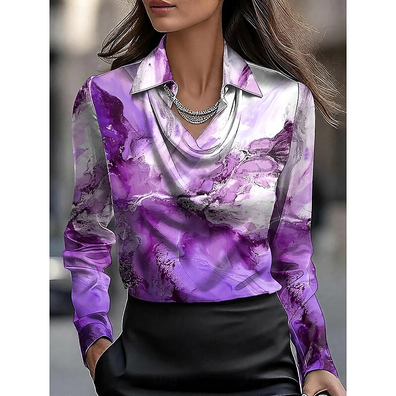 Women's Shirt Graphic Marble Elegant Stylish Casual Long Sleeve Cowl Neck Regular Tops Work Party Evening Wear Daily Ruched Draped Blue Purple Green Summer Fall2