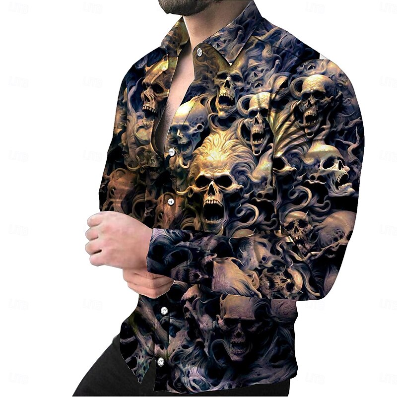 Halloween Men's Skulls Shirt Summer Shirt Beach Shirt Long Sleeve Hawaiian Casual Horror Vacation Street Hawaiian Spring &  Fall Lapel Print Light Yellow Orange red Black Pink Red4