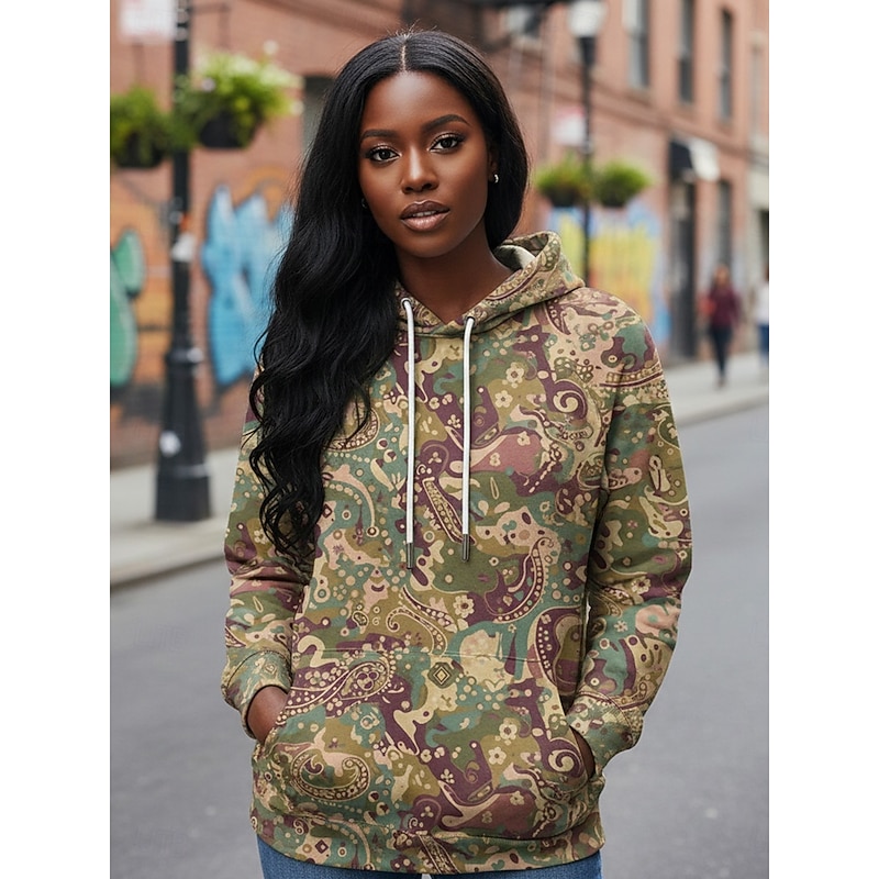 Women's Pullover Hoodies Graphic Paisley Vintage Streetwear Casual Long Sleeve Hooded Regular Tops Dailywear Casual Sports Drawstring Pocket Print Green Spring Fall3