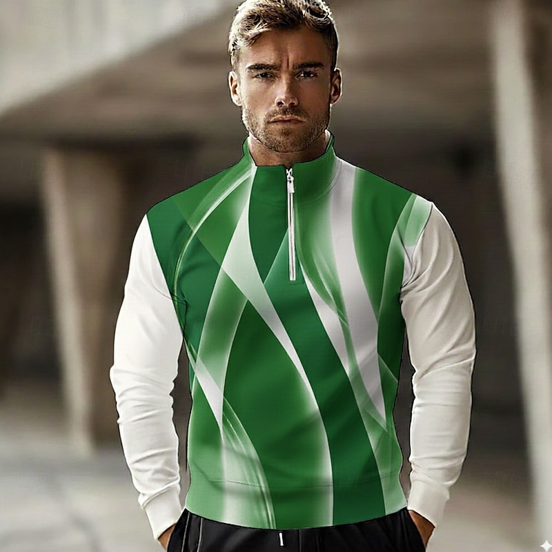 Men's Abstract Geometic Line Polo Long Sleeve Standing Collar Casual Athleisure Vacation Athleisure Casual Daily 3D Print Spring Fall Winter Black Green Blue3