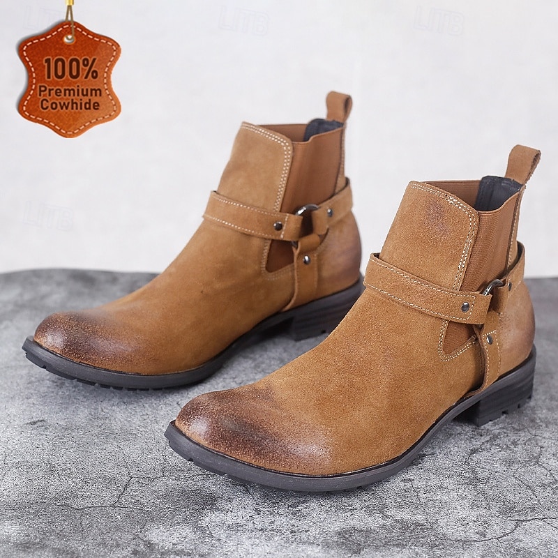 Men's Suede Leather Ankle Boots – Retro Buckle Strap Casual Chelsea Style Boots for Work and Weekend Outfits