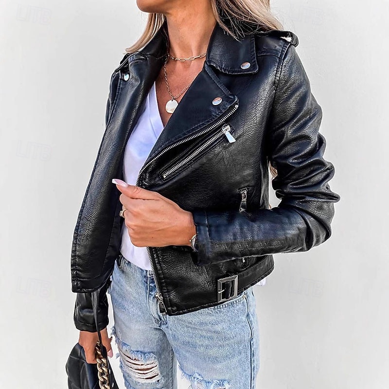 Women's Faux Leather Jacket Warm Comfortable Zipper Buttons Casual Solid Color Vacation Street Casual Daily Wear Short Turndown Regular Fit Long Sleeve Outerwear Black Wine Fall Winter3