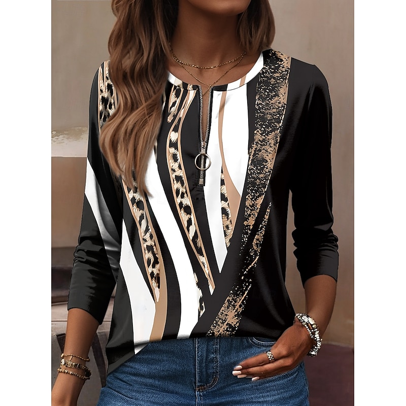 Women's T Shirt Graphic Leopard Fashion Casual Long Sleeve Crew Neck Regular Tops Daily Zipper Print Black Brown Khaki Spring Fall Winter