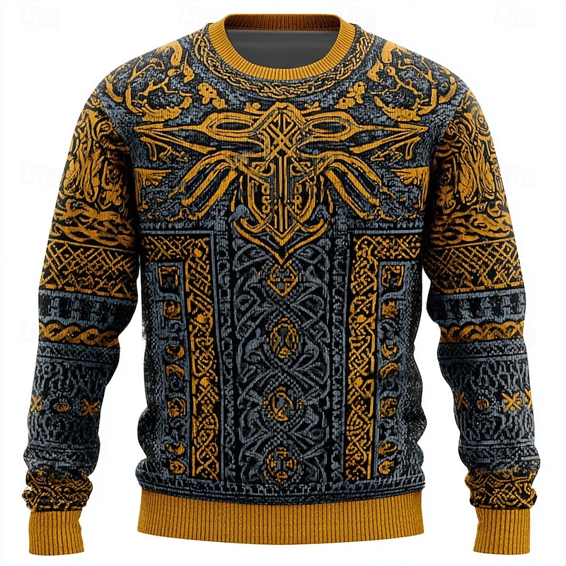 Men's Viking Pullover Sweater Jumper Knitwear Crewneck Retro Vintage Casual Vacation Daily 3D Print Knitting Keep Warm Long Sleeve Spring Fall Winter Violet Blue Brown