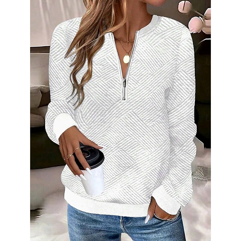 Women's Pullover Sweatshirt Plain Warm Casual Long Sleeve Crew Neck Regular Tops Zipper White Pink Gray Fall Winter
