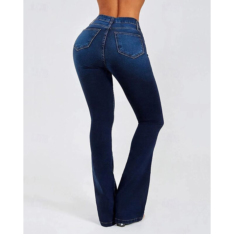 Women's Jeans Flare Bell Bottom Vacation Vintage Fashion Full Length Medium Waist Plain Pocket Buckle Comfortable Micro-elastic Outdoor Vacation Daily Deep Blue Light Blue Spring Fall Winter Regular3