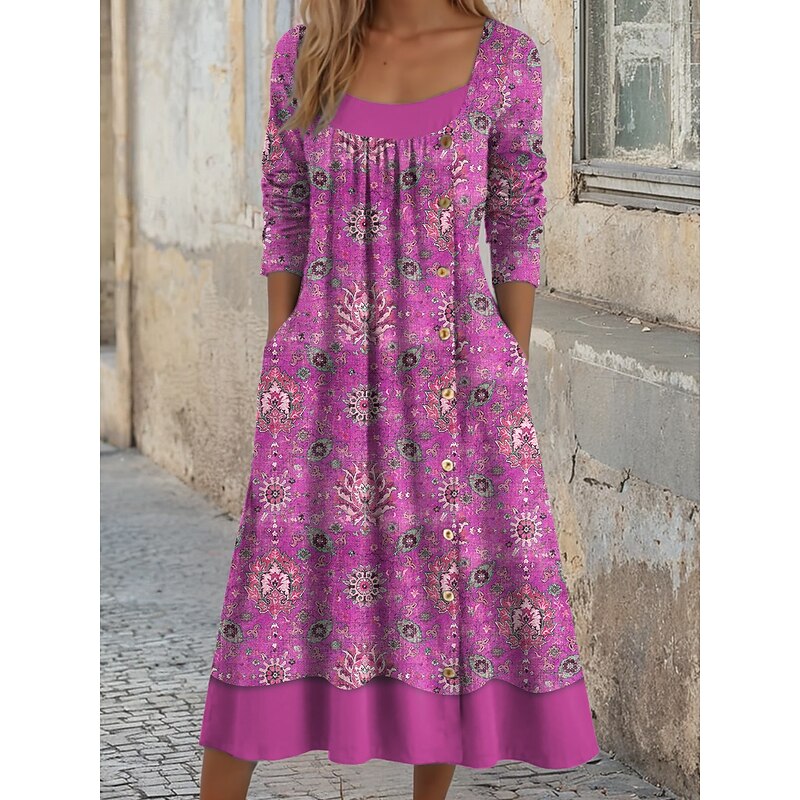 Women's Midi Dress Shift Dress A Line Dress Casual Daily Regular Fit Graphic Geometric Long Sleeve Square Neck Blue Purple Orange Green Fall Winter4