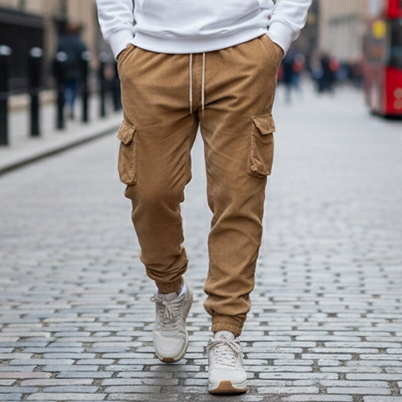Men's Cargo Pants Joggers Trousers Corduroy Pants Casual Pants Drawstring Elastic Waist Multi Pocket Plain Comfort Full Length Outdoor Casual Daily Fashion Streetwear Black Blue Inelastic