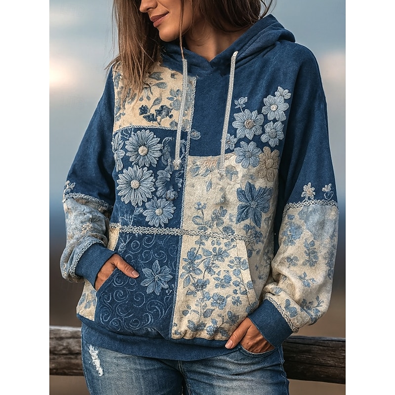 Women's 3D Print Vintage Boho Hoodie Patchwork Hoodie Sweatshirt Floral Pullover Casual Long Sleeve Hooded Street Dailywear Patchwork Print Front Pocket Light Green Dark Pink Navy Spring Fall Winter2