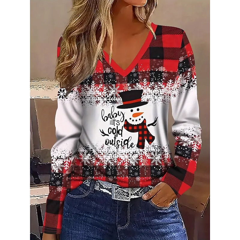 Christmas Women's T Shirt Graphic Snowman Vintage Stylish Casual Long Sleeve V Neck Regular Tops Daily Print Red Spring Fall Winter