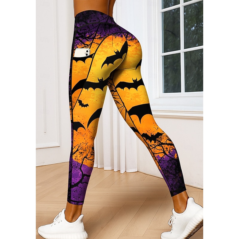 Women's Unisex pilates leggings fitness pants Gym Leggings Pockets Stamp Duty Side Pockets Pilates Gym Gym Workout Pants Tights Leggings Halloween Orange Sports Activewear Stretchy Tight Fit3