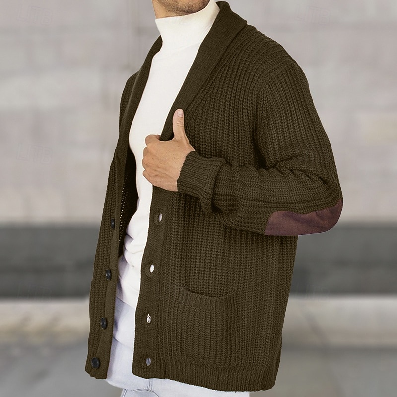Men's Sweater Cardigan Sweater Ribbed Knit Regular Tops Knitted Plain Shawl Collar Vacation Fashion Casual Daily Wear Clothing Apparel Spring &  Fall Black Brown M L XL3