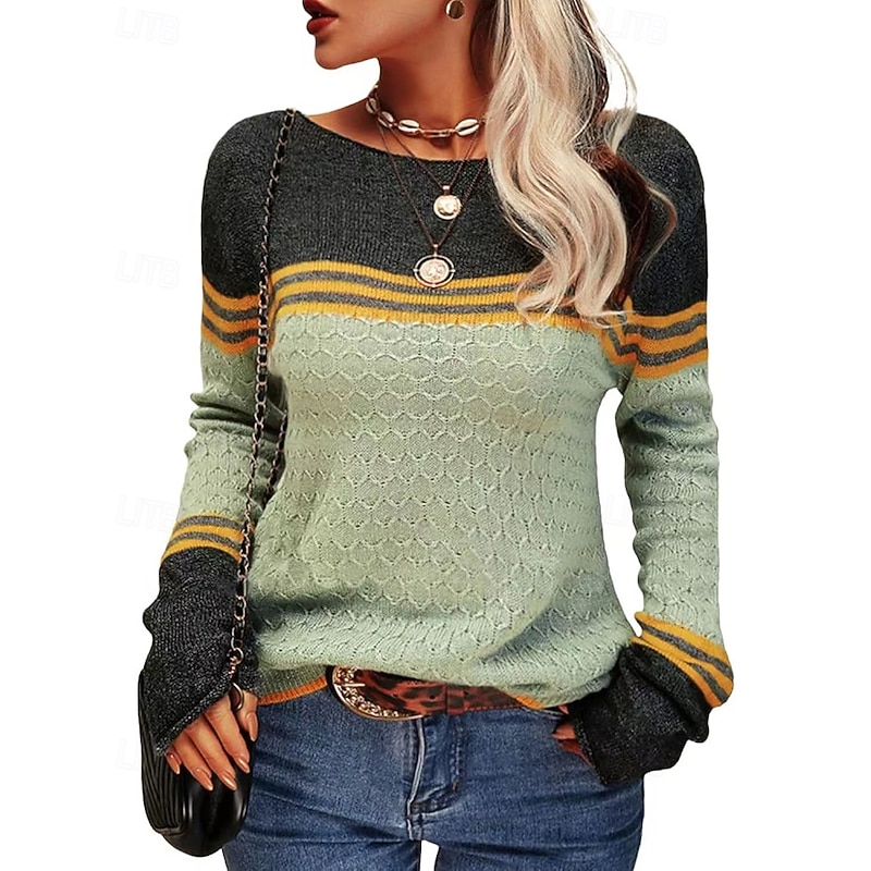 Women's Sweater Pullover Streetwear Casual Striped Crew Neck Patchwork Knitted Long Sleeve Regular Tops Knit Daily Holiday Going out Wine Red White Fall Winter4