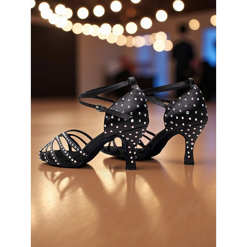 Women's Black Rhinestone Strappy Dance Shoes - 1920s Gatsby Ballroom Latin Heels for Party & Performance3