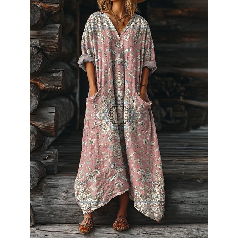 Women's Maxi Dress A Line Dress Vacation Casual Daily Regular Fit Floral Graphic Paisley Long Sleeve V Neck Deep Green Yellow Pink Blue Summer Spring Fall2