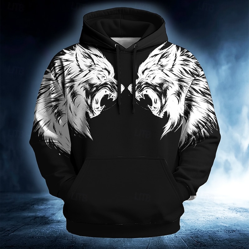 Men's Tiger 3D Hoodie Sweatshirt Cool Party Crew Neck Club Streetwear Black White Drawstring Fall Winter Designer