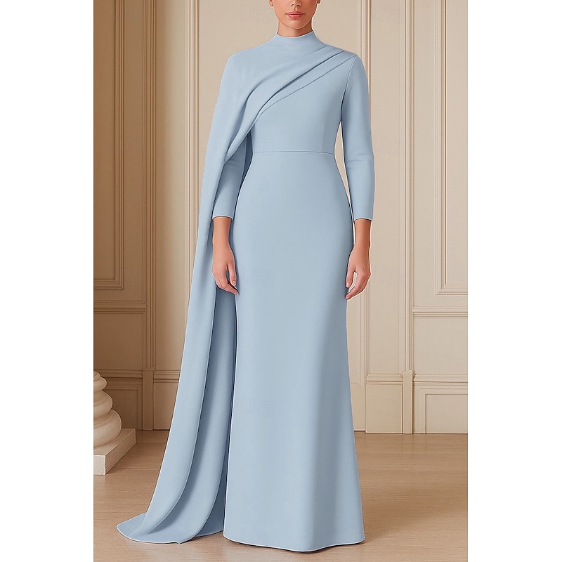 Formal Cape Dress Sheath / Column Evening Gown Detachable Cape Elegant Dress Formal Wedding Sweep / Brush Train 3/4 Length Sleeve High Neck Stretch Crepe with Ruched 20252